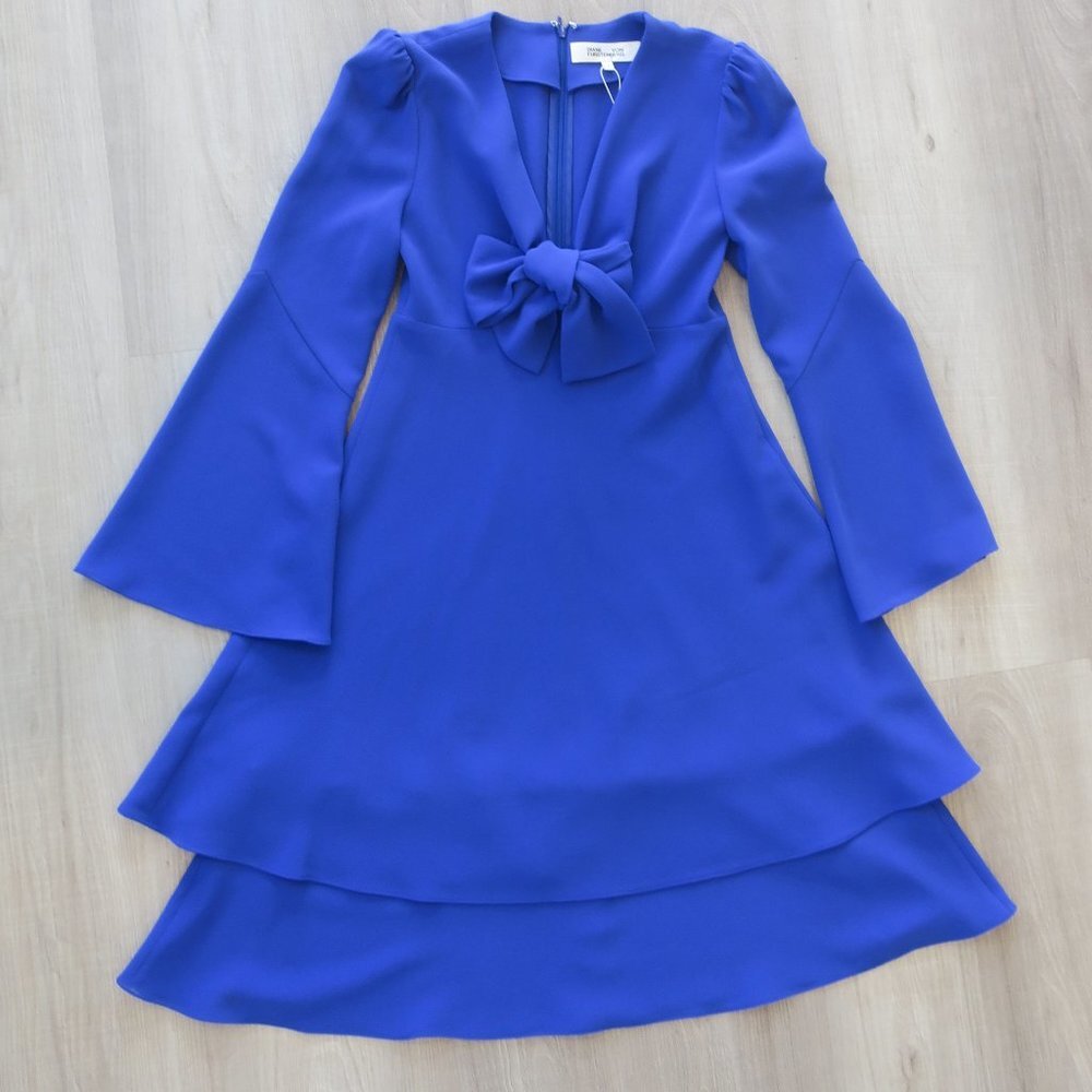 DIANE VON FURSTENBERG womens indigo blue cocktail bell sleeves dress SIZE 2